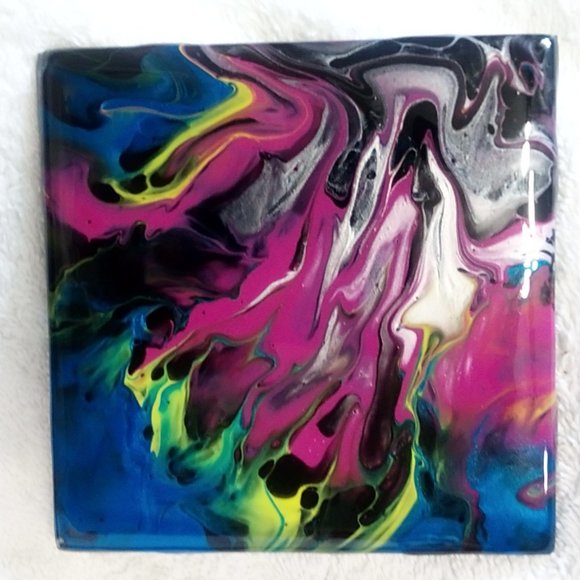 Hand Crafted Painted Tile Coasters Metallic Acrylic Fluid Art Painting Home - Picture 4 of 11